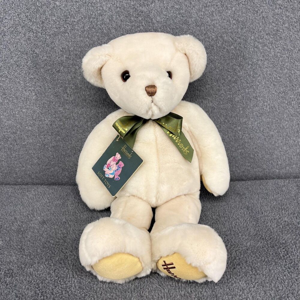 Harrods Cream Soft Plush Teddy Bear 17" Stuffed‎ Animal Toy Tag Bow England Gift